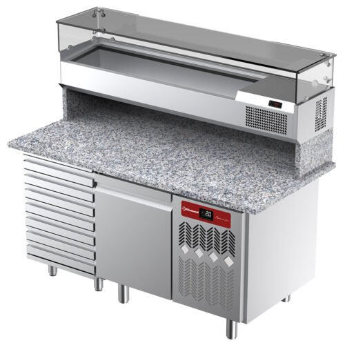 001-TPC-165_PL2-big Vėdinamas šaldomas stalas picai su 1 durelėmis ir 7 stalčiais bei šaldoma vitrina 1600x380x410 su granito stalviršiu.