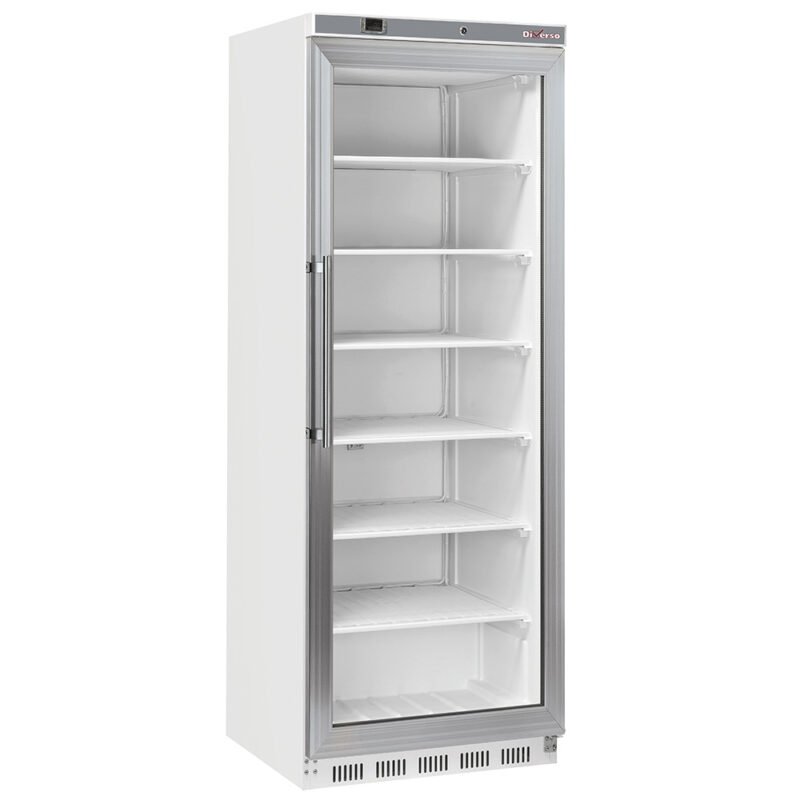 Šaldiklis, stiklinės durys, statinis, 400 litrų – baltas