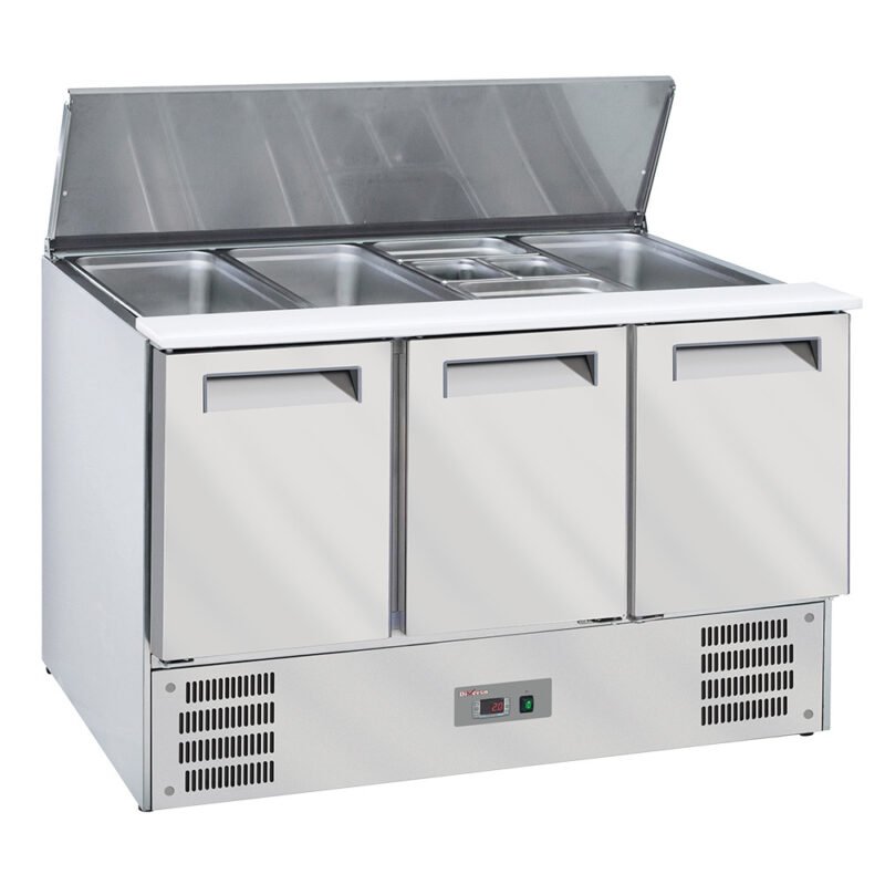 Šaldoma salotų vitrina su dangčiu 4x GN1/1-150 mm + atsarginė 3 durų GN 1/1