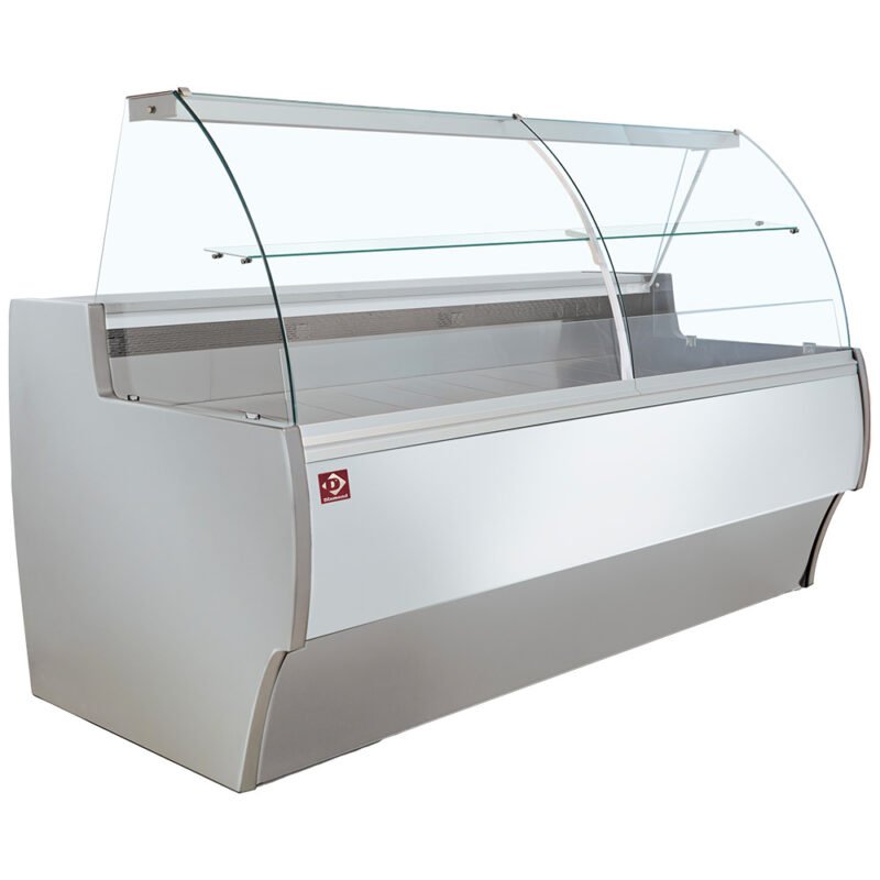 001_MA15_E8-R2V-big Šaldomoji vitrina su išlenktu stiklu, vėdinama, su atsarga – PILKA/BALTA